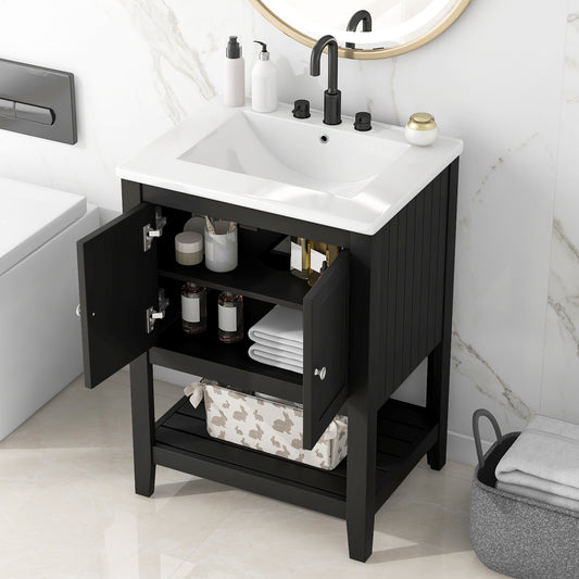 [VIDEO] 24" Black Modern Sleek Bathroom Vanity Elegant Ceramic Sink with Solid Wood Frame Open Style Shelf(Old SKU:N725P246473B) image 1