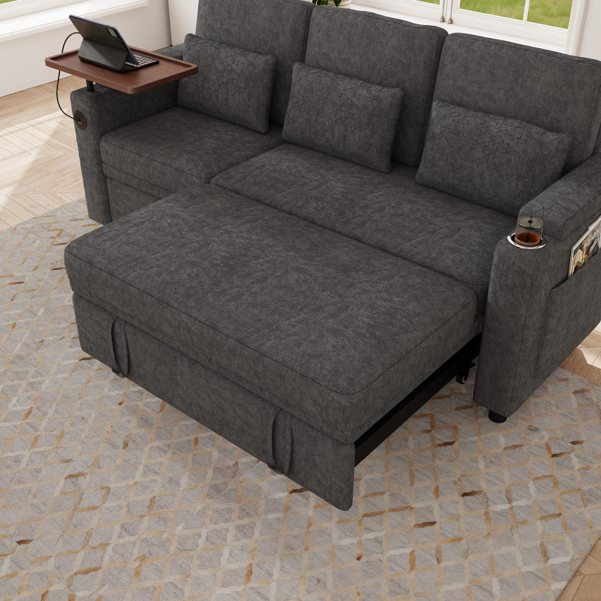 81-inch 3-in-1 foldable three-person sofa bed with a table board and USB ports, armrests with storage function. High-quality chenille three-person sofa. The sofa bed features adjustable backrest and p image 10