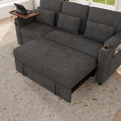 81-inch 3-in-1 foldable three-person sofa bed with a table board and USB ports, armrests with storage function. High-quality chenille three-person sofa. The sofa bed features adjustable backrest and p image 10