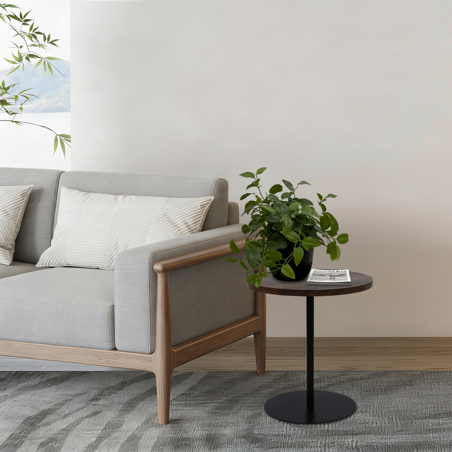 Set of 2 Small Round Side Table Wooden Concentric Circles Coffee Table for Two Metal Pedestal Nightstand for Corner Small Space (Walnut Brown & Black) image 5