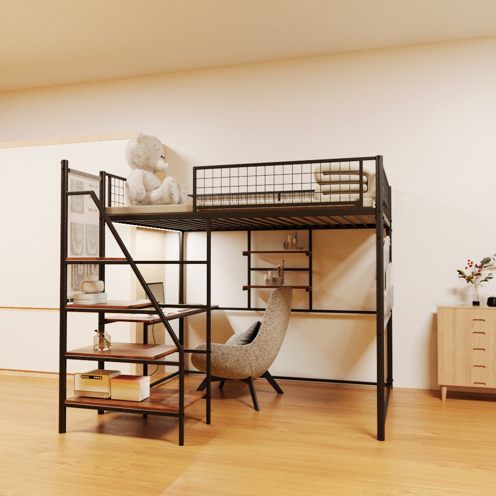 Full size loft metal bed with black for bedroom and dormitory, with built-in charging station and LED lighting image 6