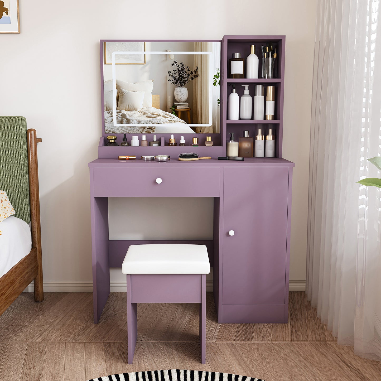 Stylish Vanity Desk Set with Padded Stool & Adjustable LED Lighted Mirror (3 Color Modes), Modern Bedroom Makeup Vanity Desk Combo, Purple image 1