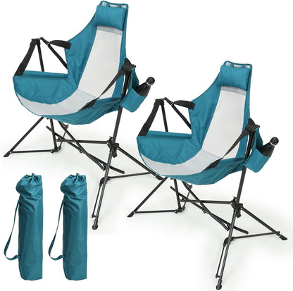 Hammock Camping Chair, Folding Portable Rocking Chair, Aluminum Alloy Adjustable Back Swinging Chair with Pillow Cup Holder, Recliner with Carry Bag for Outdoor Travel Lawn Backyard, Blue (2pcs) image 1