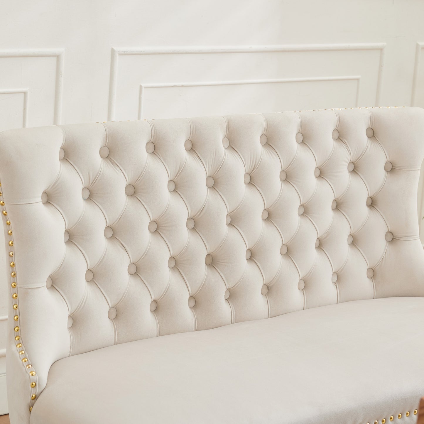 Velvet Double Dining Loveseat Bench, Kitchen & Dining Seating, 2-Seat Tufted Bench w/Handmade Buttons, Wing Back, Gold-Plated Steel Legs, Mid Century Modern,Single Pack,Beige,SW1602BG image 10
