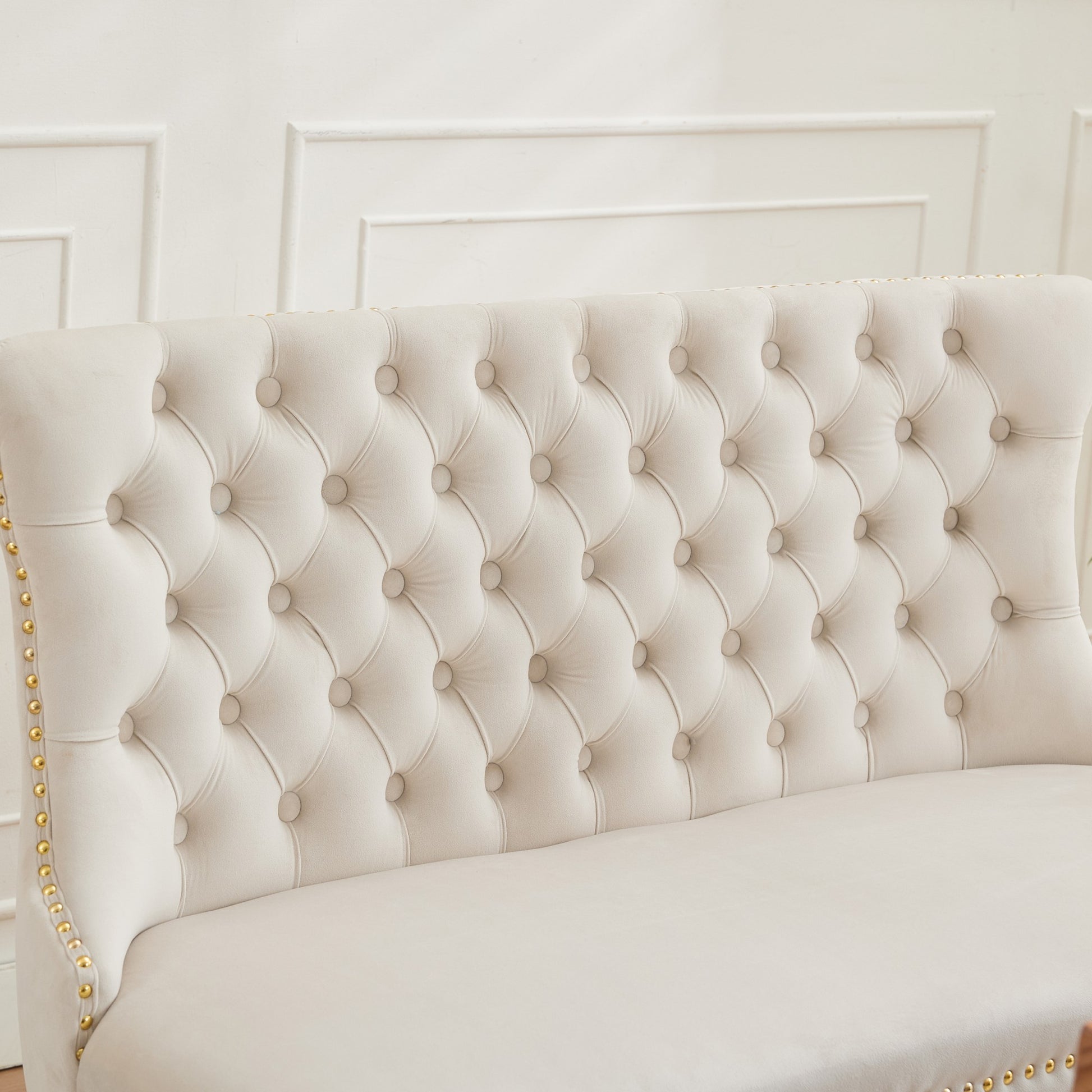 Velvet Double Dining Loveseat Bench, Kitchen & Dining Seating, 2-Seat Tufted Bench w/Handmade Buttons, Wing Back, Gold-Plated Steel Legs, Mid Century Modern,Single Pack,Beige,SW1602BG image 10