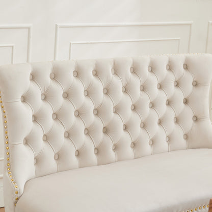 Velvet Double Dining Loveseat Bench, Kitchen & Dining Seating, 2-Seat Tufted Bench w/Handmade Buttons, Wing Back, Gold-Plated Steel Legs, Mid Century Modern,Single Pack,Beige,SW1602BG image 10