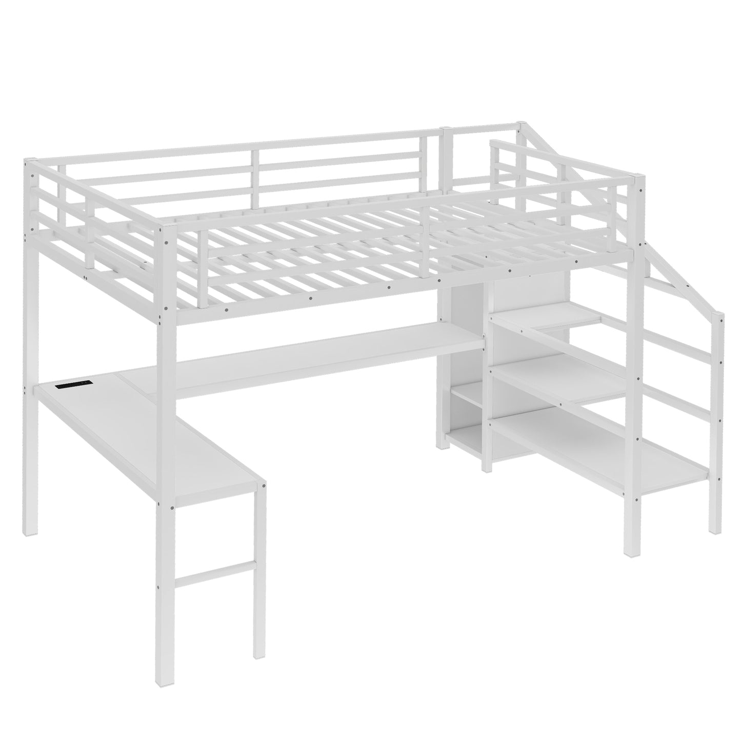 Queen Size Loft Bed with L-shaped Desk and USB, Metal Loft Bed with Wardrobe and Adjustable Shelf, High Loft Bed with LED for Kids Teens Adults, White image 9