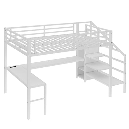 Queen Size Loft Bed with L-shaped Desk and USB, Metal Loft Bed with Wardrobe and Adjustable Shelf, High Loft Bed with LED for Kids Teens Adults, White image 9