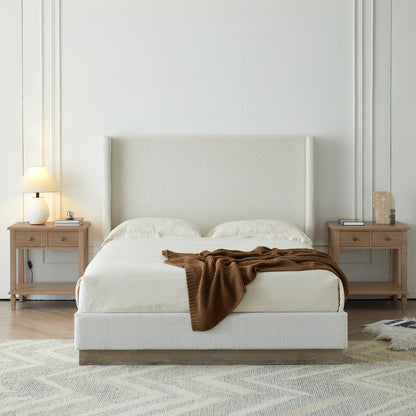 Hosford Upholstered Wingback Bed / Upholstered Wood Base Platform Bed / 52.5" High Headboard / Minimalist / Rusticity / No Box Spring Needed / Queen / Cream White Boucle / No Noise image 1
