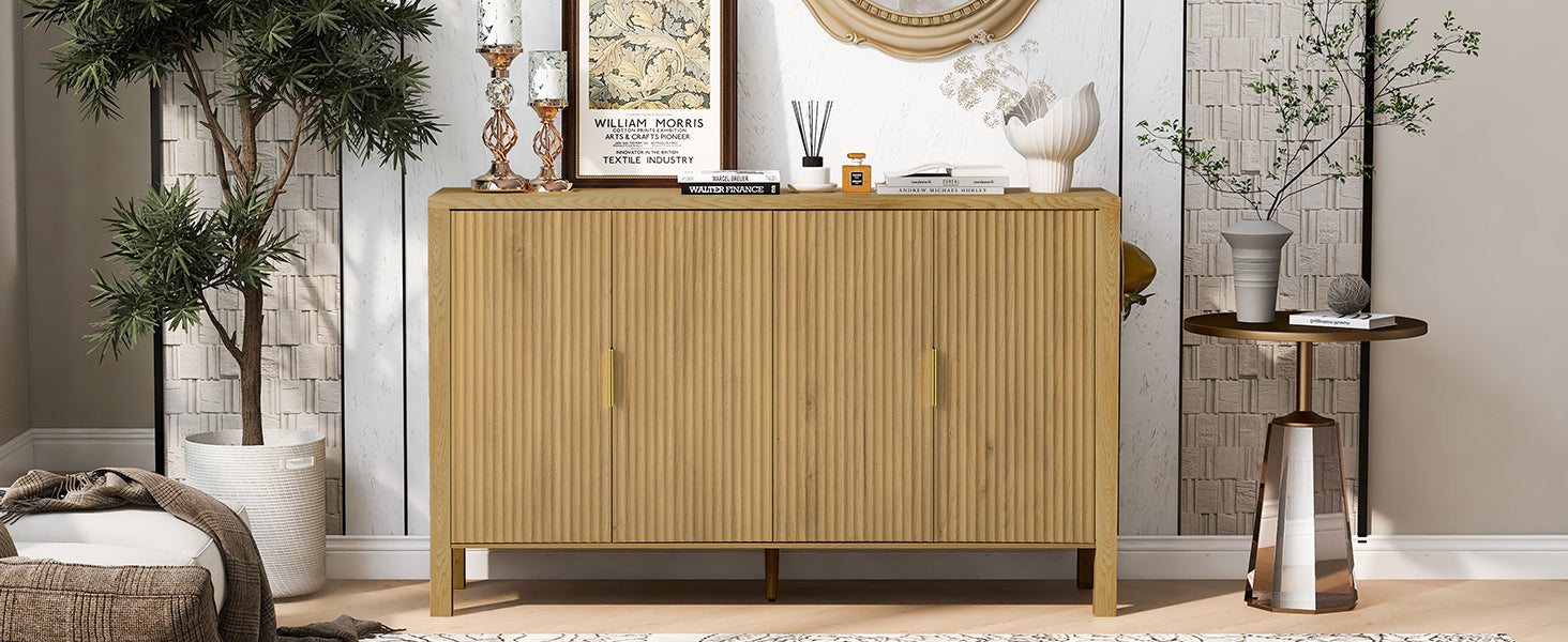 U_STYLE Modern 57.5" Stripe Door Storage Cabinet, 4-Door Sideboard with Back-of-Door Storage Racks & Side Hooks, Adjustable Shelves, MDF Cabinet with Aluminum Handles for Living Room, Dining Room image 8