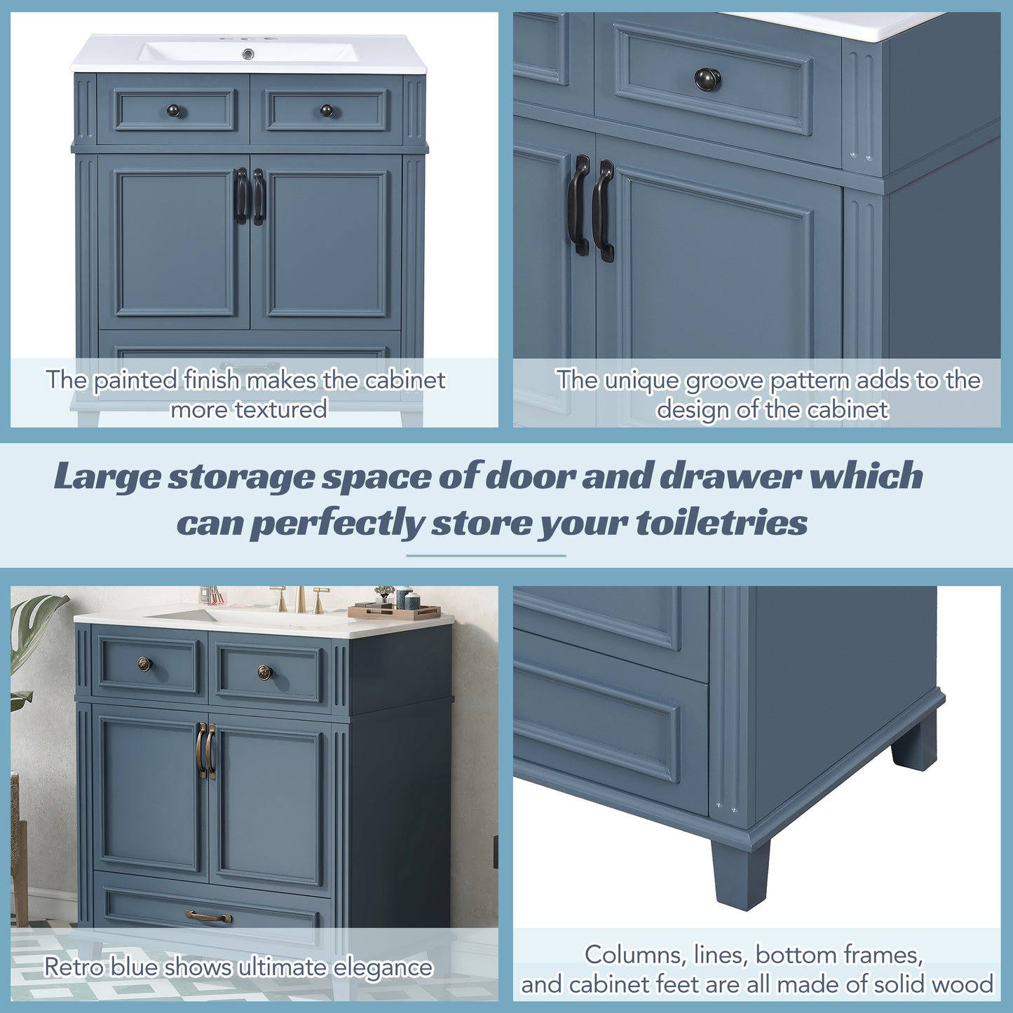 30'' Bathroom Vanity with Ceramic Sink,Solid Wood Frame Bathroom Storage Cabinet with Soft Closing Doors,Retro Style, Blue image 7