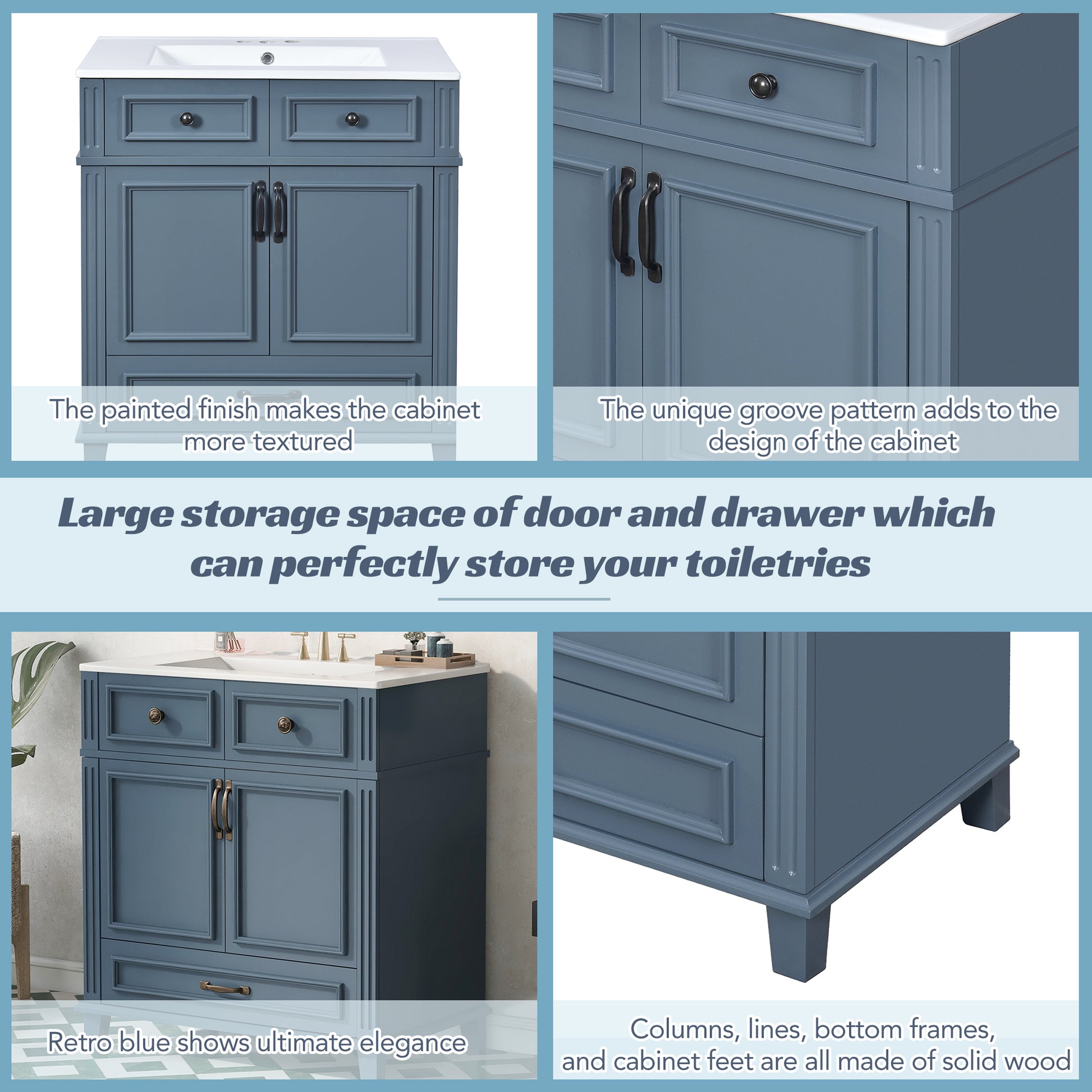 30'' Bathroom Vanity with Ceramic Sink,Solid Wood Frame Bathroom Storage Cabinet with Soft Closing Doors,Retro Style, Blue image 7