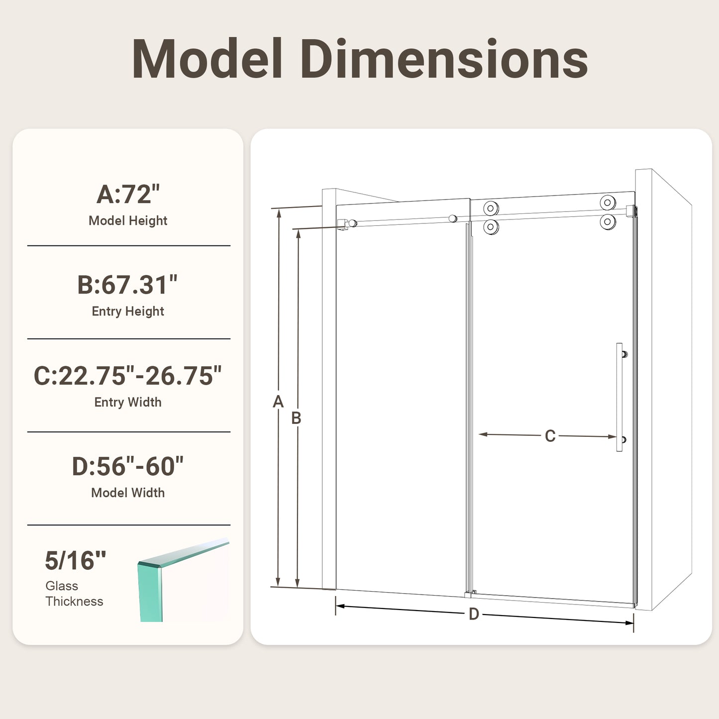 56"-60"W*72" H Frameless Single Sliding Shower Door – 5/16" (8mm) Clear Tempered Glass, Bypass Design with Chrome Finish image 11