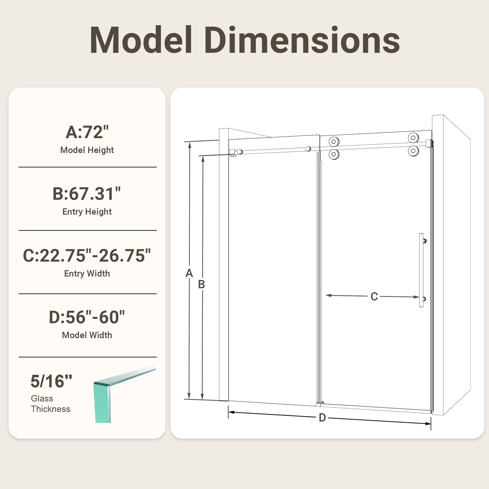 56"-60"W*72" H Frameless Single Sliding Shower Door – 5/16" (8mm) Clear Tempered Glass, Bypass Design with Chrome Finish image 11