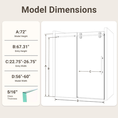 56"-60"W*72" H Frameless Single Sliding Shower Door – 5/16" (8mm) Clear Tempered Glass, Bypass Design with Chrome Finish image 11