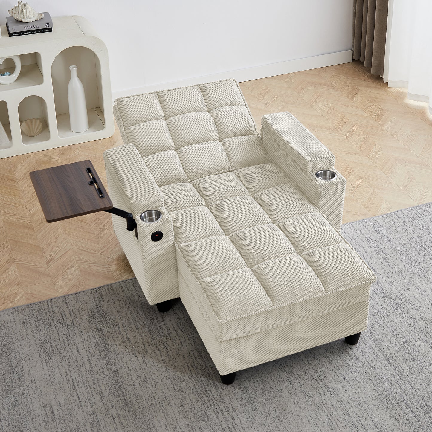 Beige Chaise Lounge Sofa,Sleeper Chair Bed with 6-Position Adjustable Backrest,USB Ports, Cup Holder and Swivel Side Table image 6