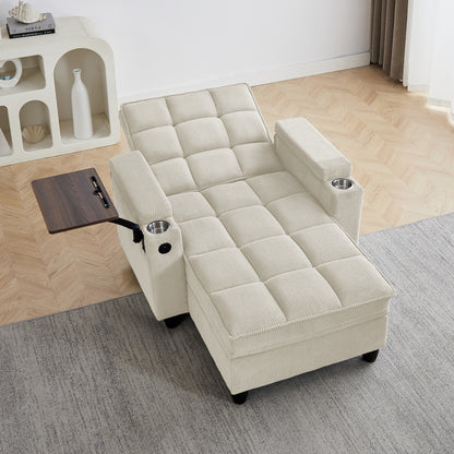 Beige Chaise Lounge Sofa,Sleeper Chair Bed with 6-Position Adjustable Backrest,USB Ports, Cup Holder and Swivel Side Table image 6