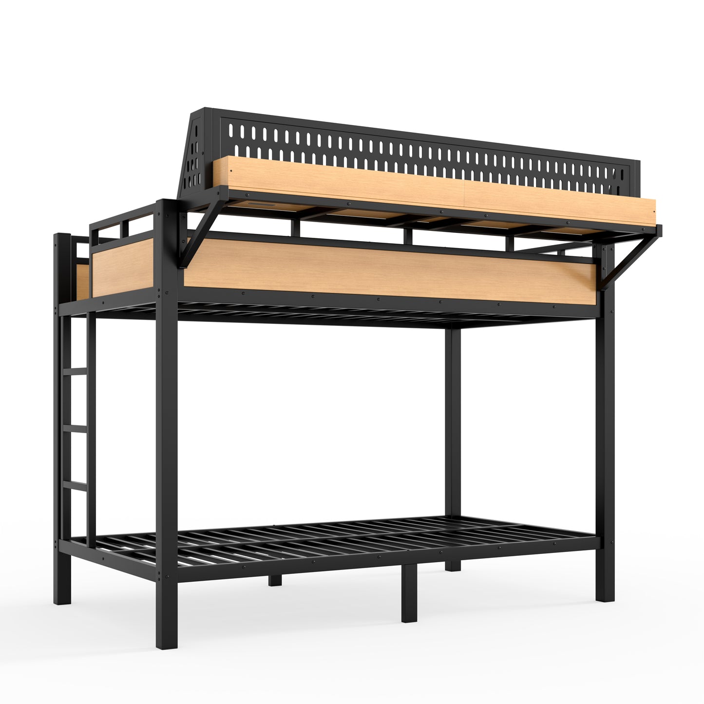 Twin XL over Twin XL Size Metal Bunk Bed with Storage Shelves and Pegboard, Bunk Bed Frame with USB Ports and LED Lights, Space-Saving, for Teens and Adults, Natural image 10