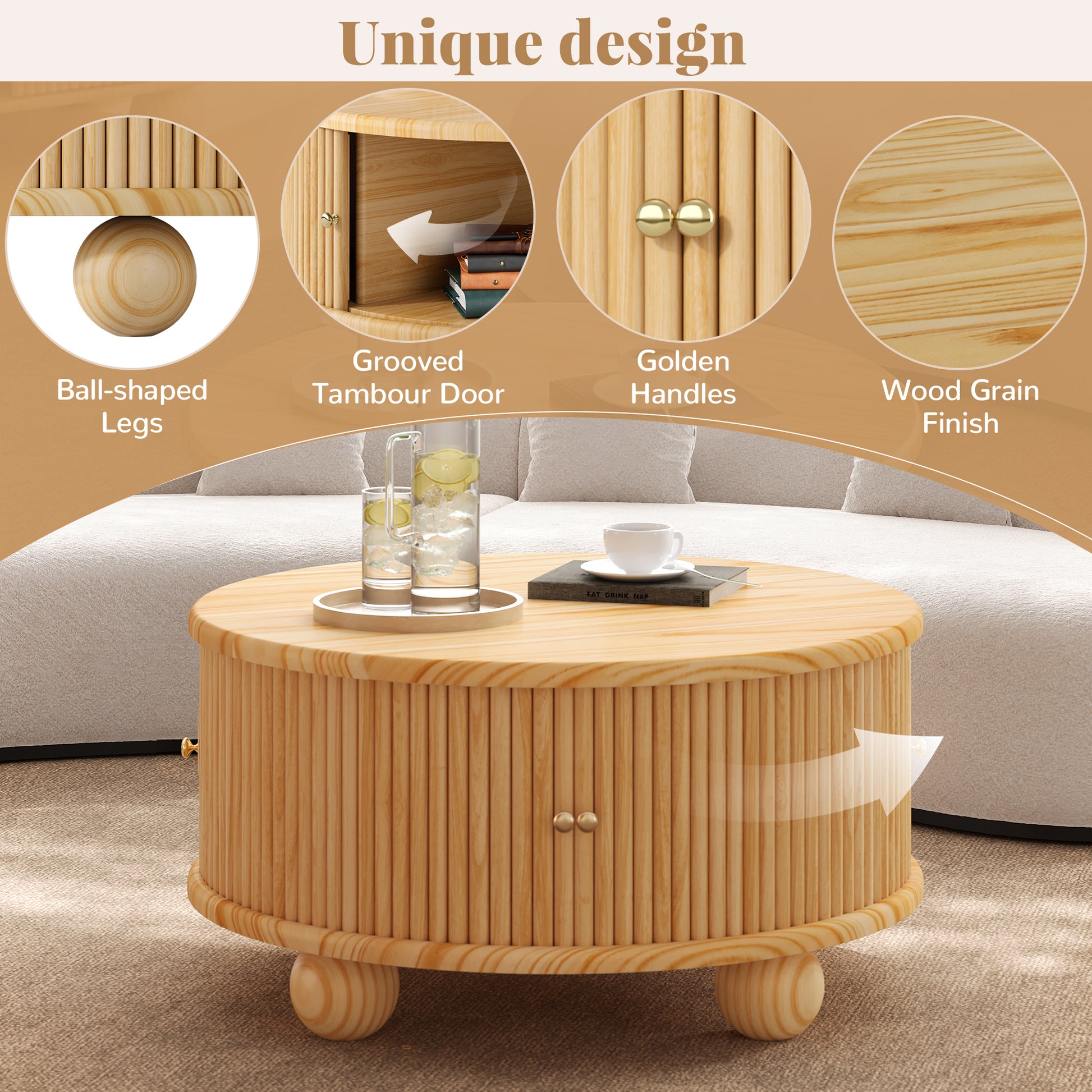 Round Fluted Coffee Table with Storage, Pine Solid Wood, Sliding Door, Natural, 31.8" image 6