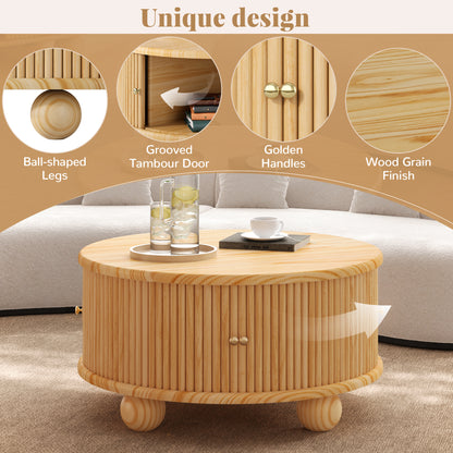 Round Fluted Coffee Table with Storage, Pine Solid Wood, Sliding Door, Natural, 31.8" image 6