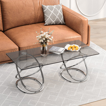 31.50'' Modern Rectangle Glass Coffee Table with Ring-Shaped Frames, Chrome Finish and Gray Tempered Glass, Luxury Center Table for Living Room, Bedroom and Office, Silver image 3