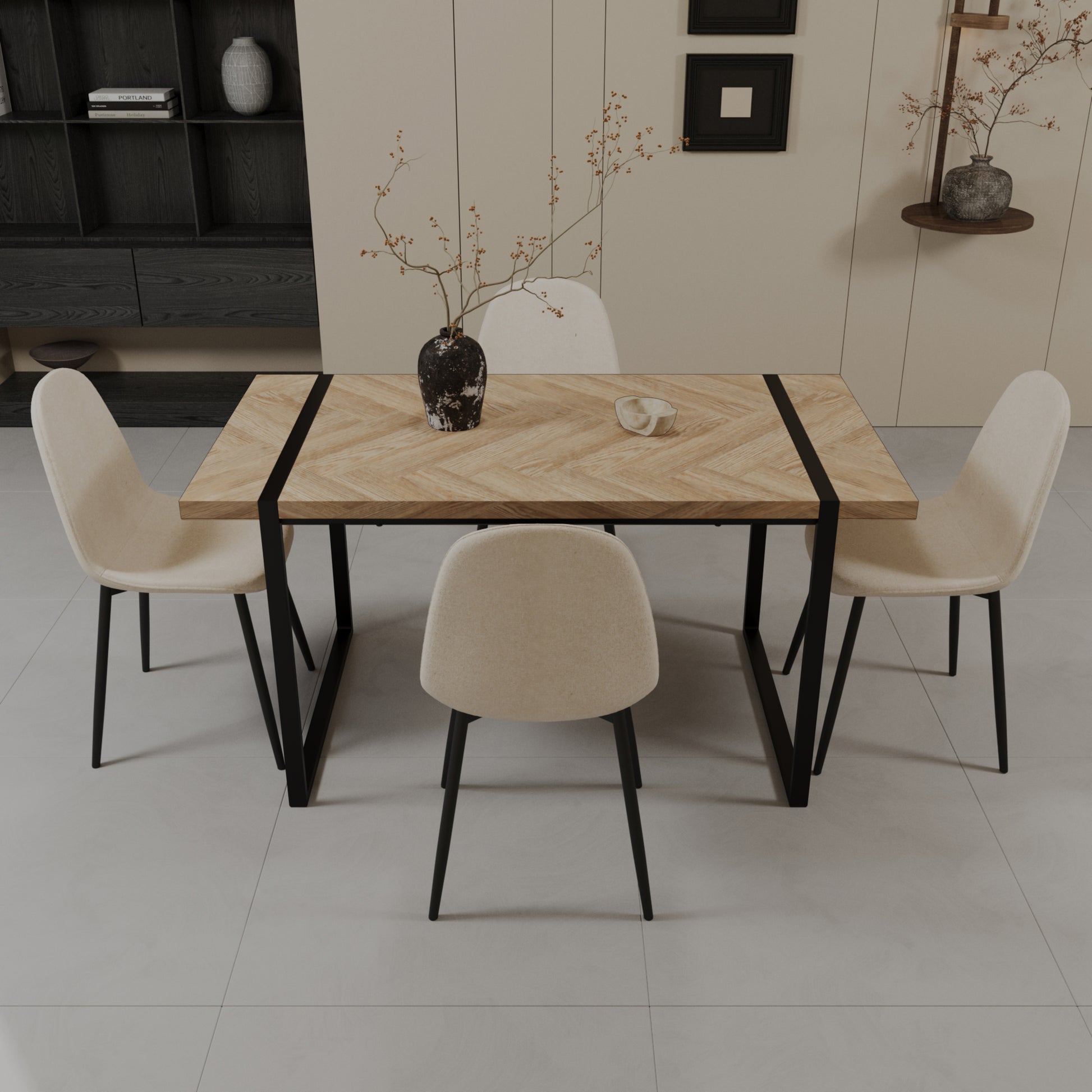 59" MDF light wood dining table and modern dining chair set of 4 pieces, medieval wooden kitchen dining table set, black rectangular metal base, dining table and suede chair set image 3