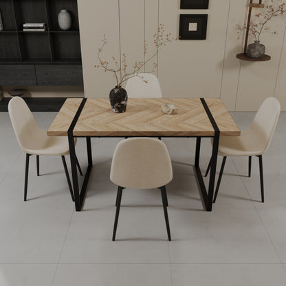 59" MDF light wood dining table and modern dining chair set of 4 pieces, medieval wooden kitchen dining table set, black rectangular metal base, dining table and suede chair set image 3