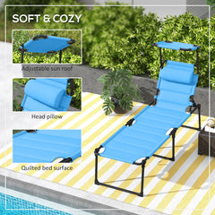 Outsunny 2 Pcs Outdoor Lounge Chair, Adjustable Backrest Folding Chaise Lounge, Cushioned Tanning Chair w/Sunshade Roof & Pillow Headrest for Beach, Camping, Hiking, Light Blue