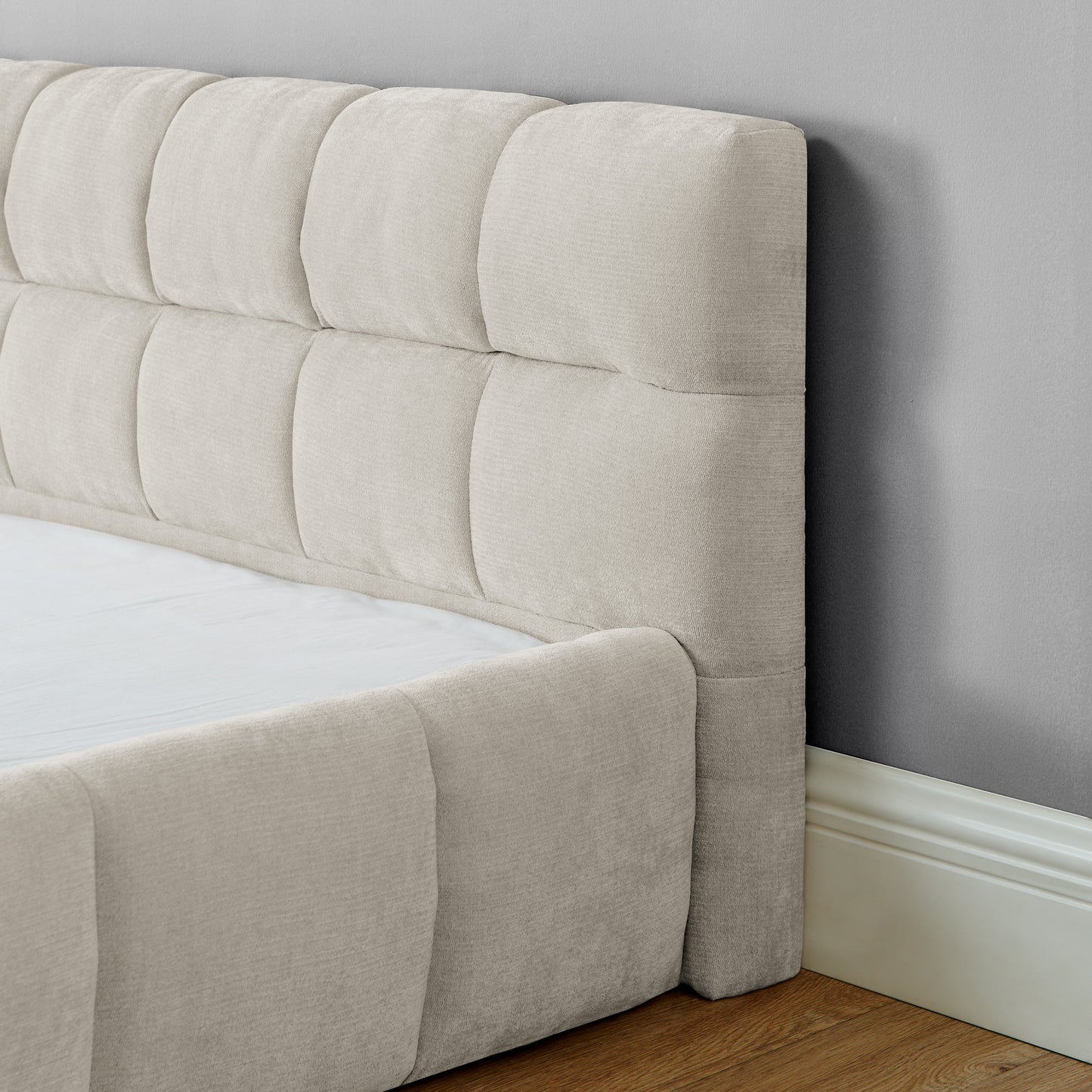 California King size Upholstered Bed Frame with Thick Fabric, Chenille Fabric Grounded California King Platform Bed with Headboard and Solid Frame. No Box Spring Needed-Beige(90.5''*80.5''*31'') image 4