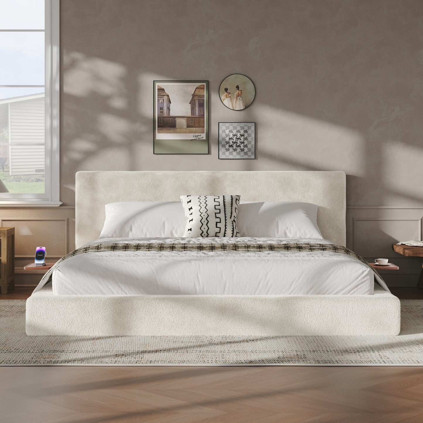AirFrame King Bed Frame with adjustable Sliding Side Table, 8.7'' Cloud Upholstered Sponge Cushion, Easy Assembly (Off-White). image 1