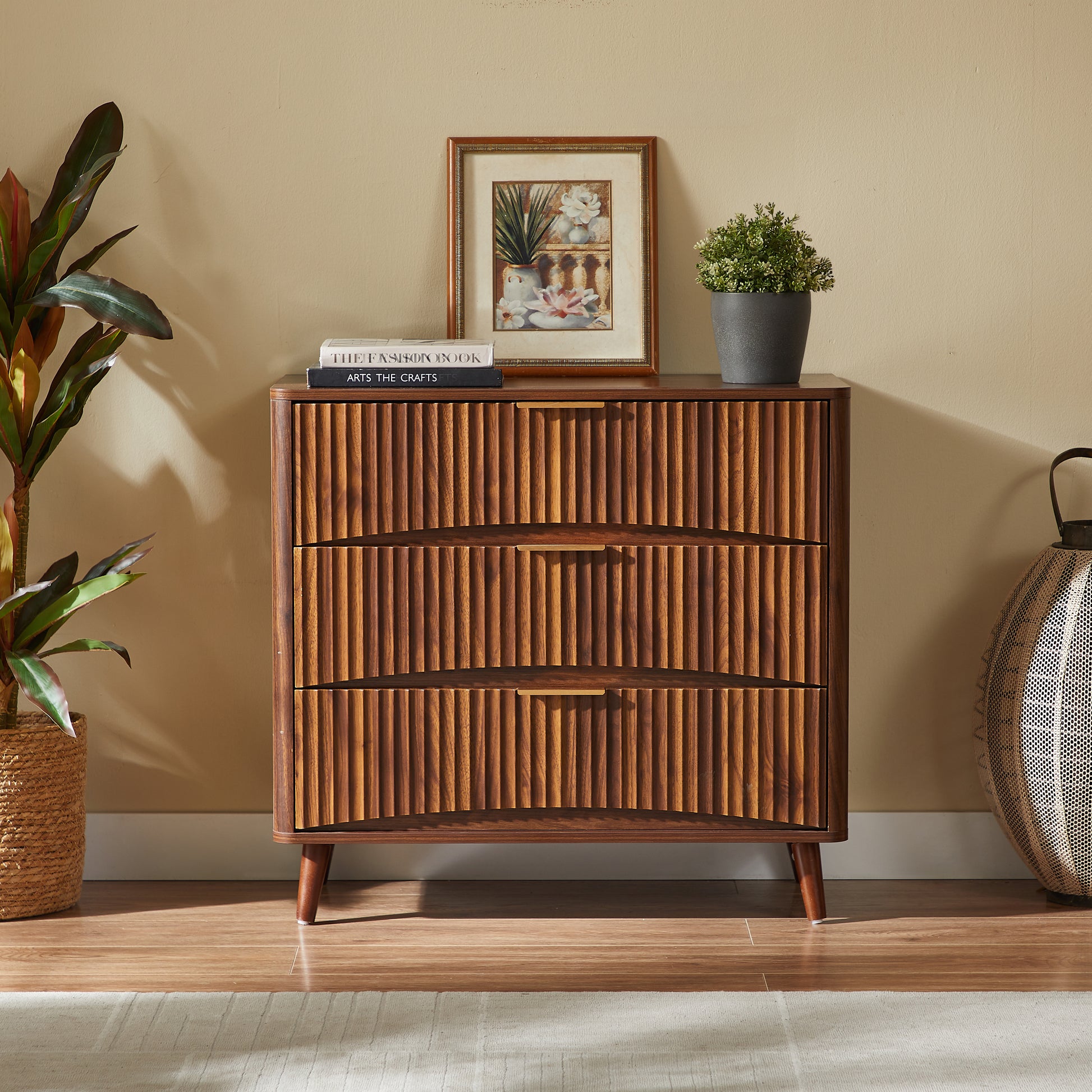 Fluted 3 Drawer Dresser, Mid-Century Modern Tall Chest of Drawers with Vertical Grooved Design, Solid Wood Storage Cabinet with Metal Handles for Bedroom Living Room, Walnut (31.5"W x 15"D x 30"H) image 1