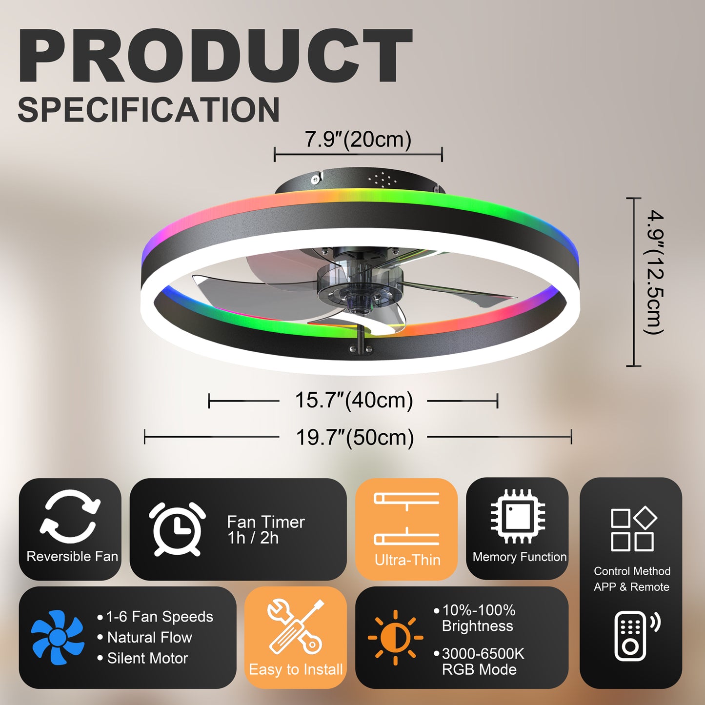 19.7" RGB Flush Mount Ceiling Fan with Light, 6-Speed Reversible Low Profile Fan with Remote & APP for Bedroom, Black image 9