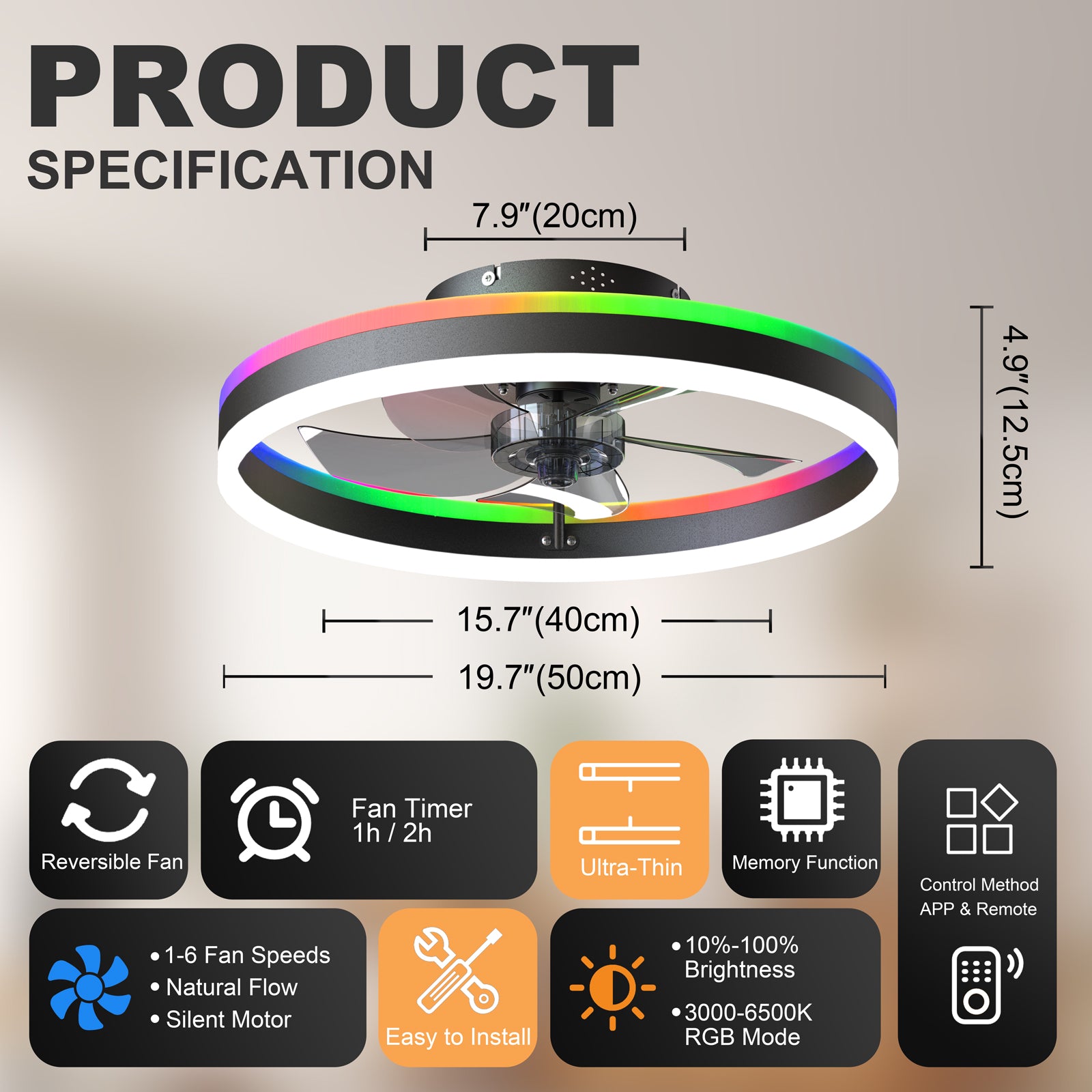 19.7" RGB Flush Mount Ceiling Fan with Light, 6-Speed Reversible Low Profile Fan with Remote & APP for Bedroom, Black image 9