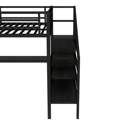 Queen Size Loft Bed with L-shaped Desk and USB, Metal Loft Bed with Wardrobe and Adjustable Shelf, High Loft Bed with LED for Kids Teens Adults, Black image 9