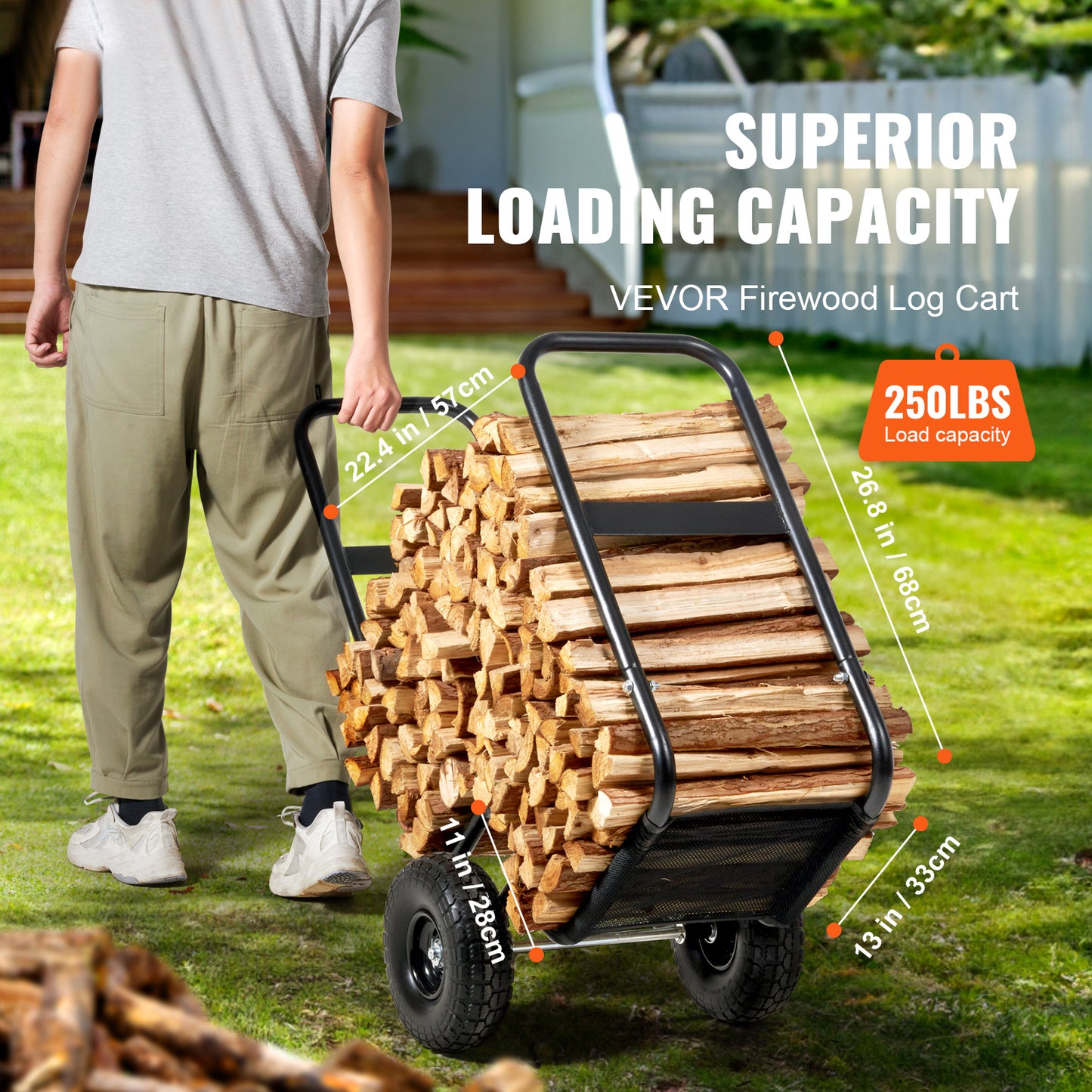 Firewood Log Cart, 250 lbs Capacity, Outdoor and Indoor Wood Rack Storage Mover with PU Wheels & Waterproof Cloth, Heavy Duty Steel Dolly Hauler, Firewood Carrier for Fireplace, Fire Pit, Black image 5