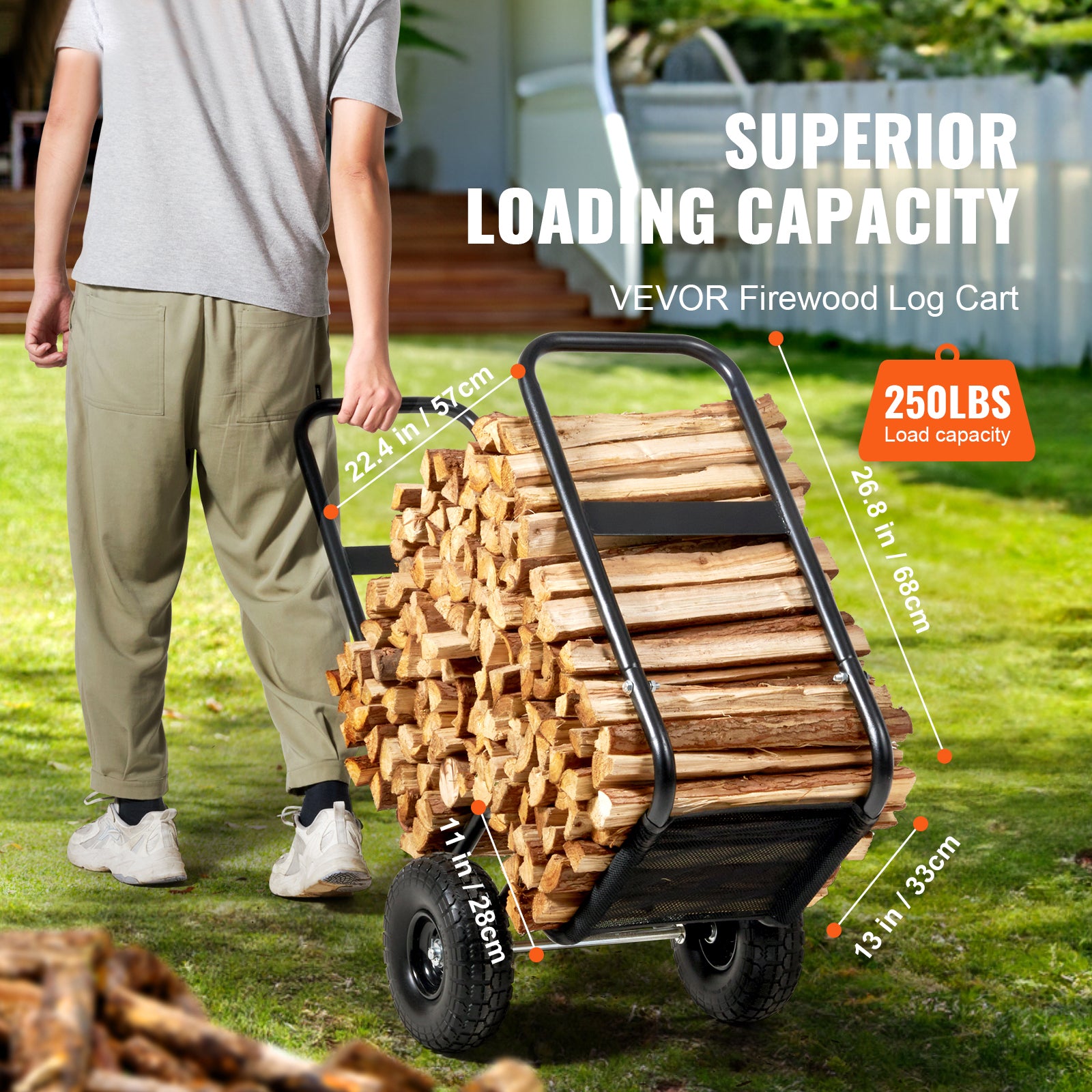Firewood Log Cart, 250 lbs Capacity, Outdoor and Indoor Wood Rack Storage Mover with PU Wheels & Waterproof Cloth, Heavy Duty Steel Dolly Hauler, Firewood Carrier for Fireplace, Fire Pit, Black image 5
