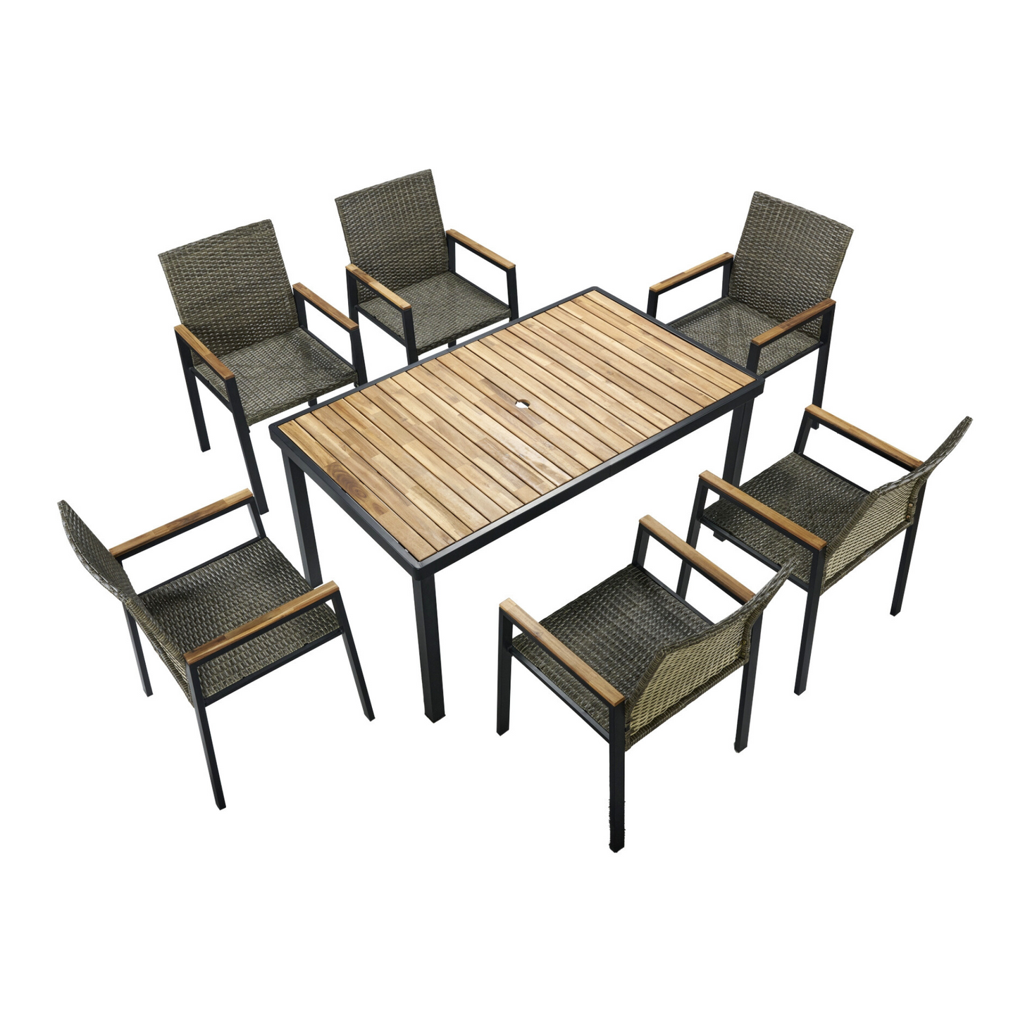 All Weather 7-Piece Patio Dining Table Sets, Patio Conversation Set Acacia Wood Table Top with Umbrella Hole, Rattan Outdoor, Brown Gray Color image 12
