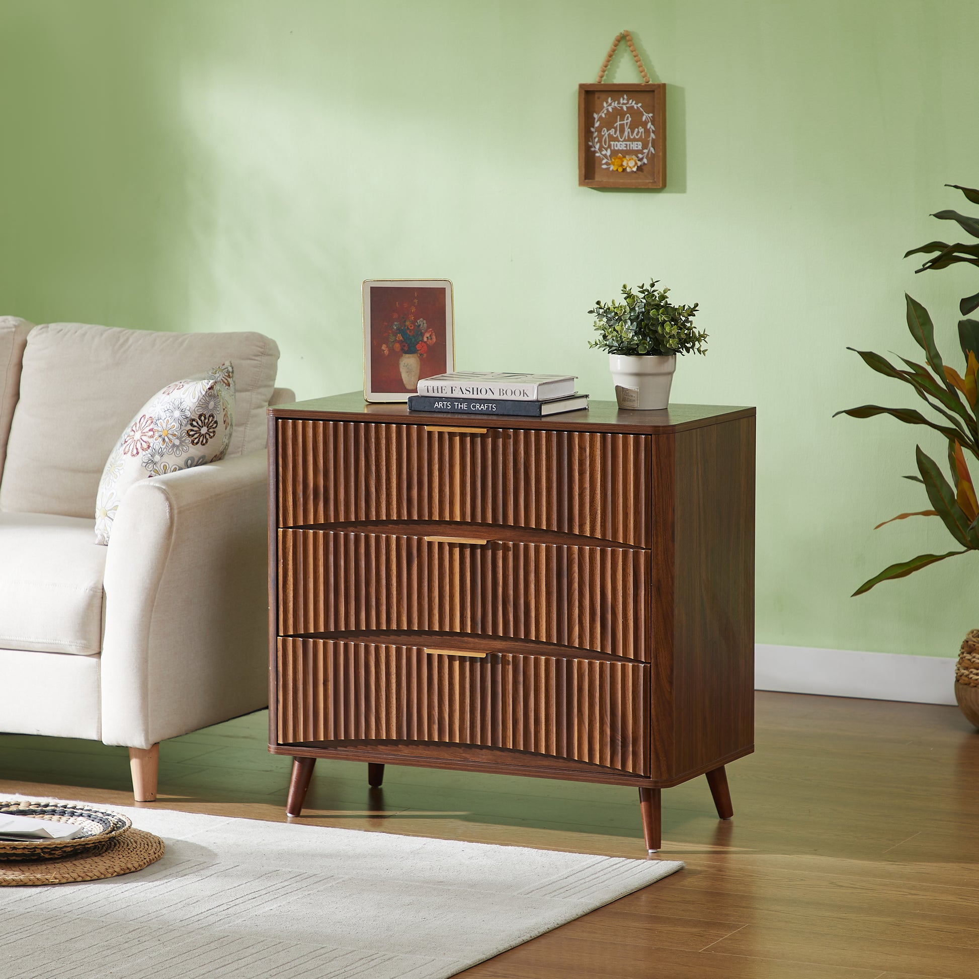 Fluted 3 Drawer Dresser, Mid-Century Modern Tall Chest of Drawers with Vertical Grooved Design, Solid Wood Storage Cabinet with Metal Handles for Bedroom Living Room, Walnut (31.5"W x 15"D x 30"H) image 4