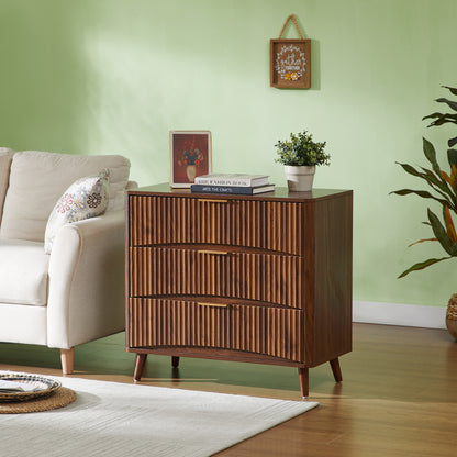 Fluted 3 Drawer Dresser, Mid-Century Modern Tall Chest of Drawers with Vertical Grooved Design, Solid Wood Storage Cabinet with Metal Handles for Bedroom Living Room, Walnut (31.5"W x 15"D x 30"H) image 4