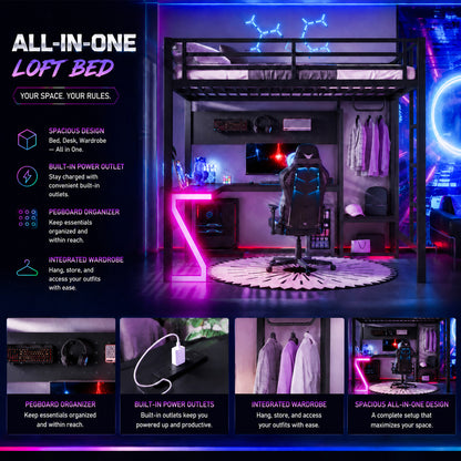 Full Loft Bed with L-shaped Desk and USB Ports, Metal Loft Bed with Computer Tray, Peg Board, and Gaming Style Z-shaped Lights, Black image 11
