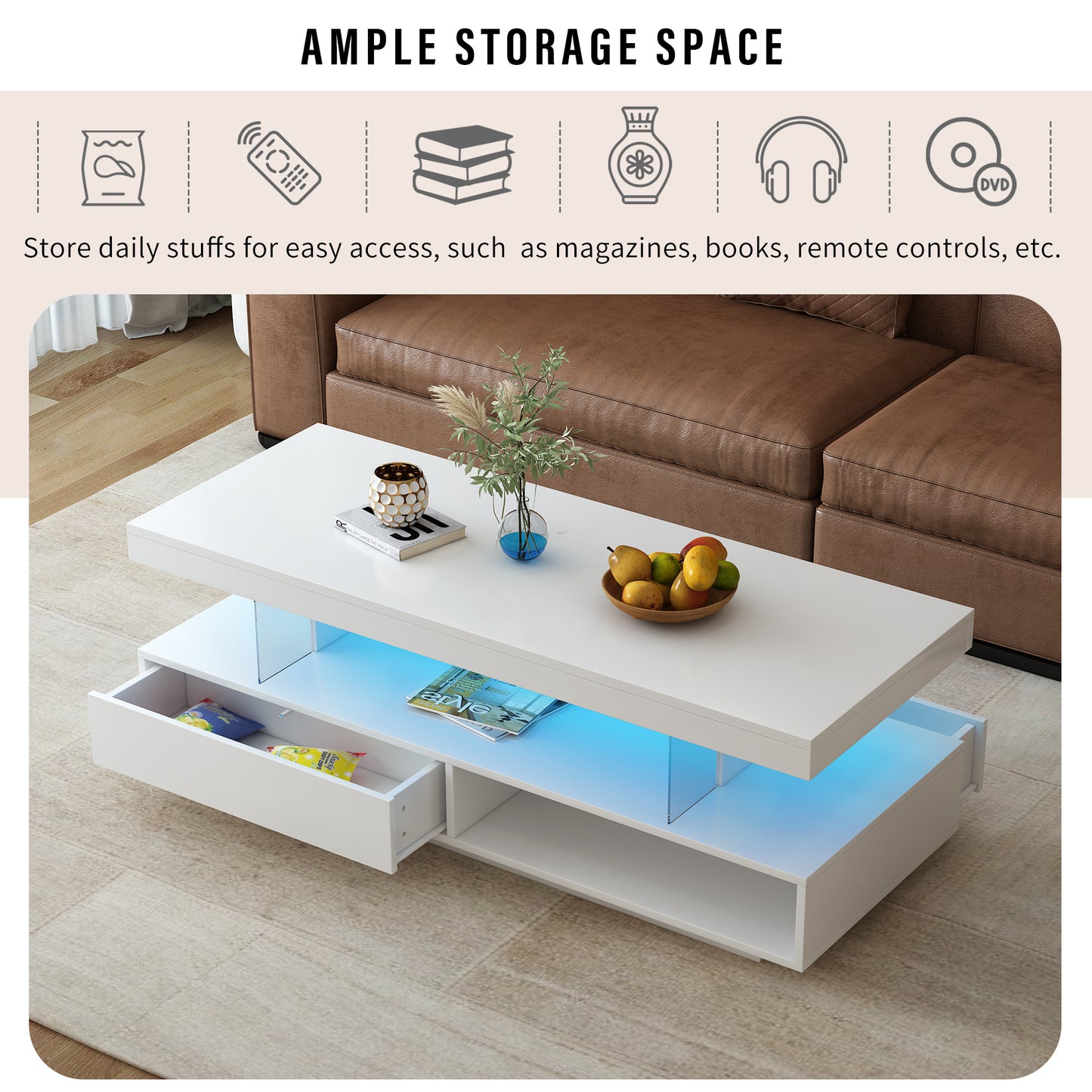 VIBE HAUS LED Coffee Table with Storage, Modern Center Table with 2 Drawers and Display Shelves, Accent Furniture with LED Lights for Living Room,White image 5