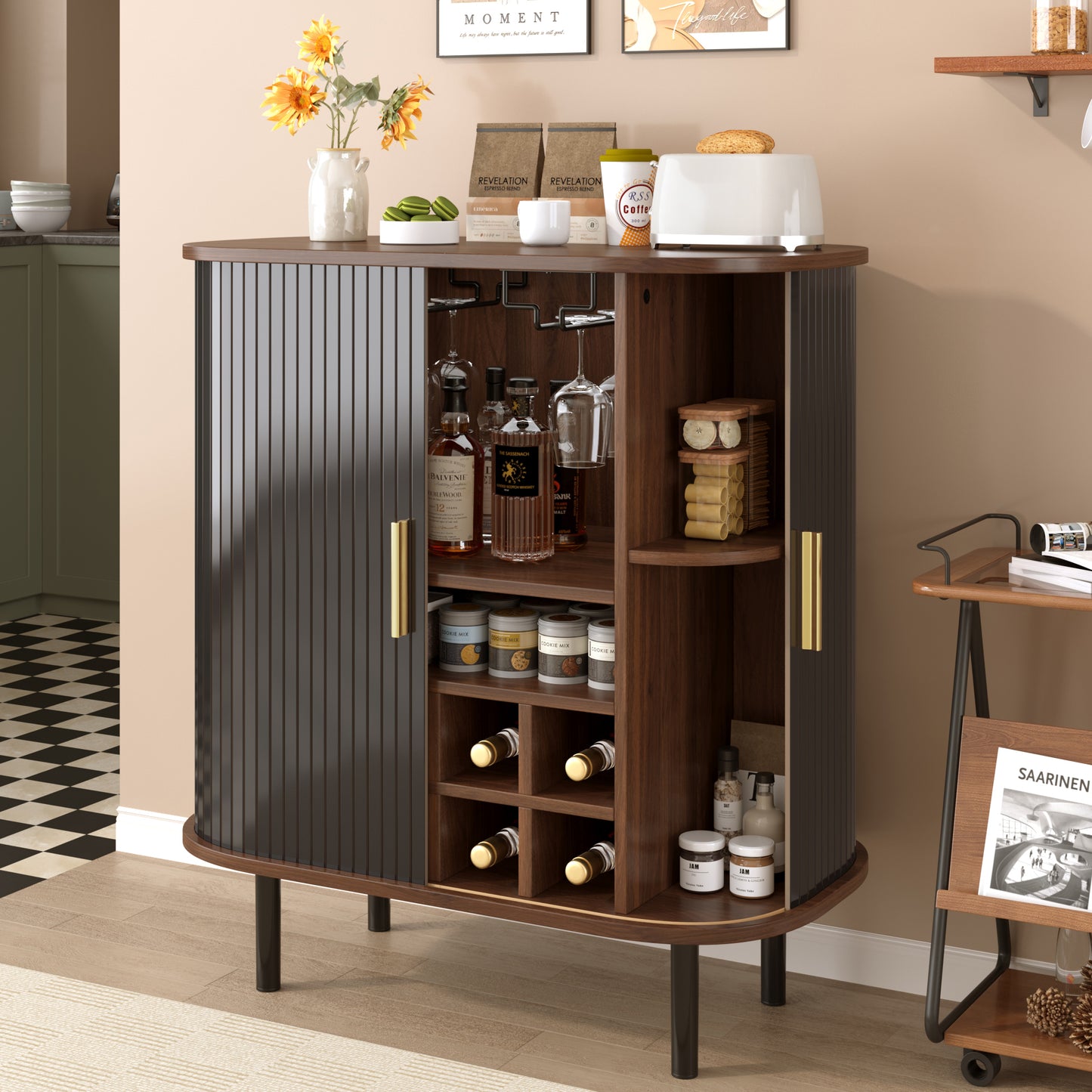 28" Fluted Wine Bar Cabinet with 8-Grid Wine Rack, 5-Level Adjustable Shelves, 2 Glass Holders, Smoothly Sliding Tambour Doors, 4 Hidden Storage Space on the Side, Modern Liquor Coffee Station, Black image 7
