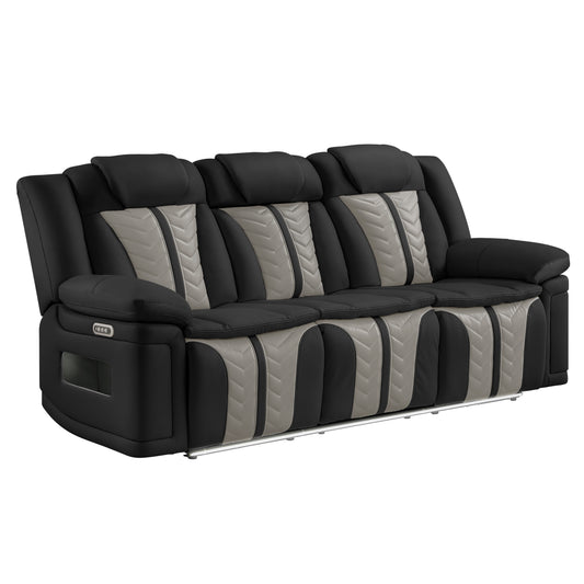 Cruiser Power Reclining Sofa with Drop‑Down Table, Power Headrests, LED Lighting & Massage made with Faux Leather in Black and Gray image 1