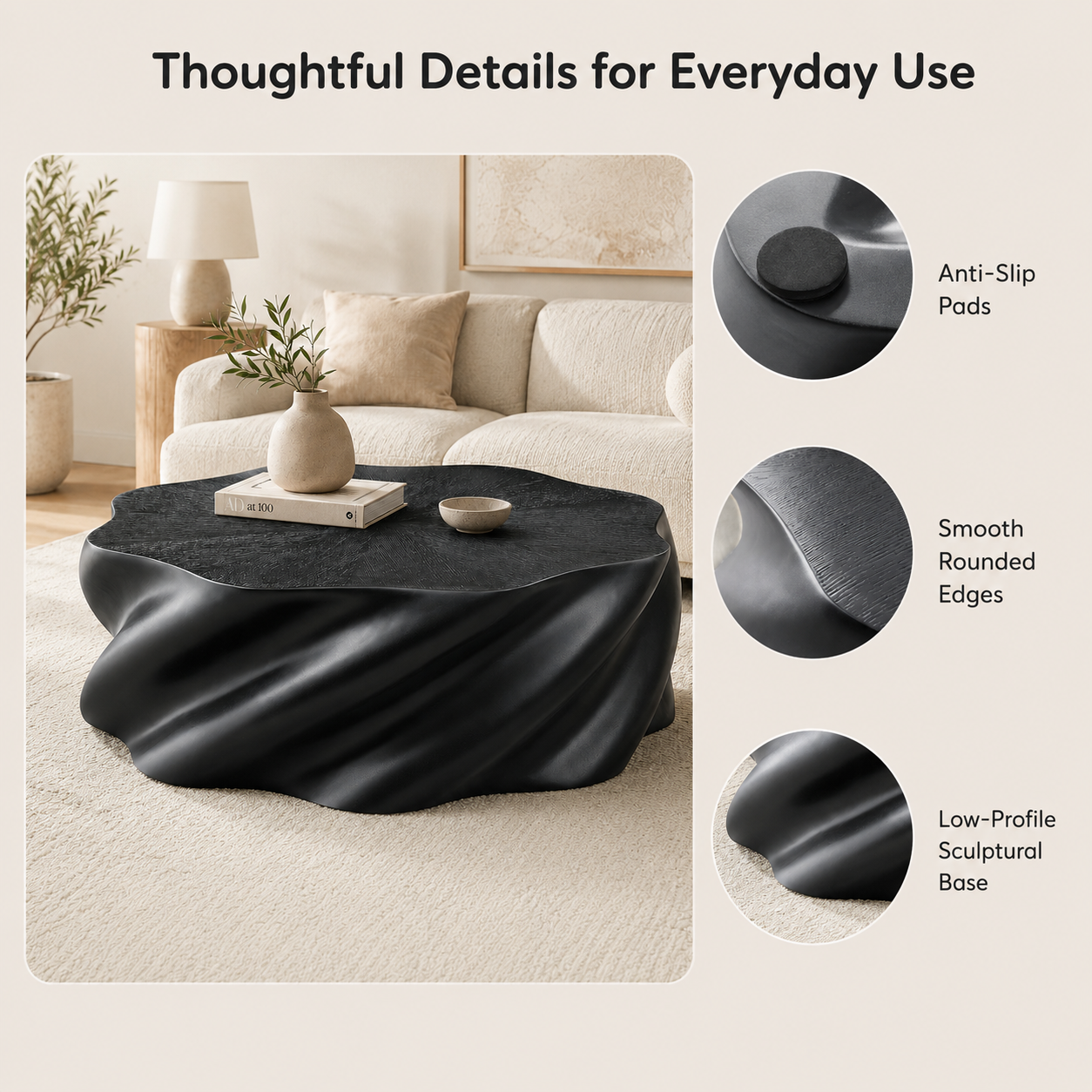 35" Fully Assembled Petal Coffee Table – Sculptural Matte Black Fiberglass, Modern Organic Design, No Assembly, Multi-Scene Center Table image 11