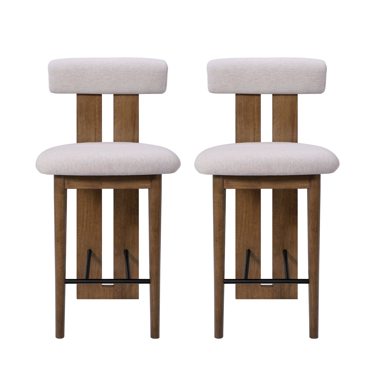 Renee Indoor Modern Split-Back Rubber Wood Counter Stool with Ivory Upholstery, Dark Walnut Finish, Set of 2 image 3