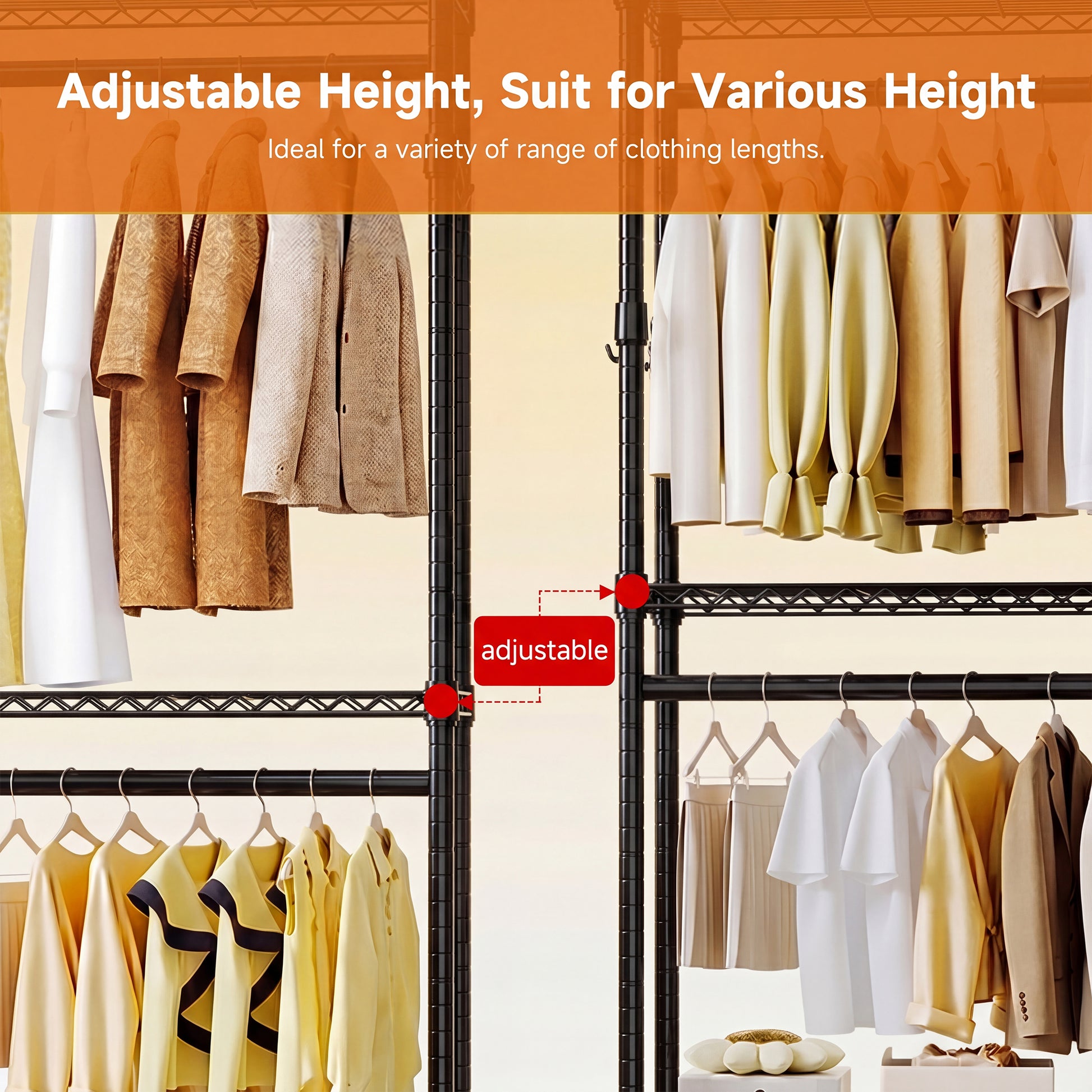 Heavy Duty Rolling Garment Rack 3 Tiers Adjustable Wire Shelving Clothes Rack with 2 Rods and Side Hooks,Storage Closet Clothing Rack with Wheels Black 15.7" D x 29.5" W x 74.5" H image 3