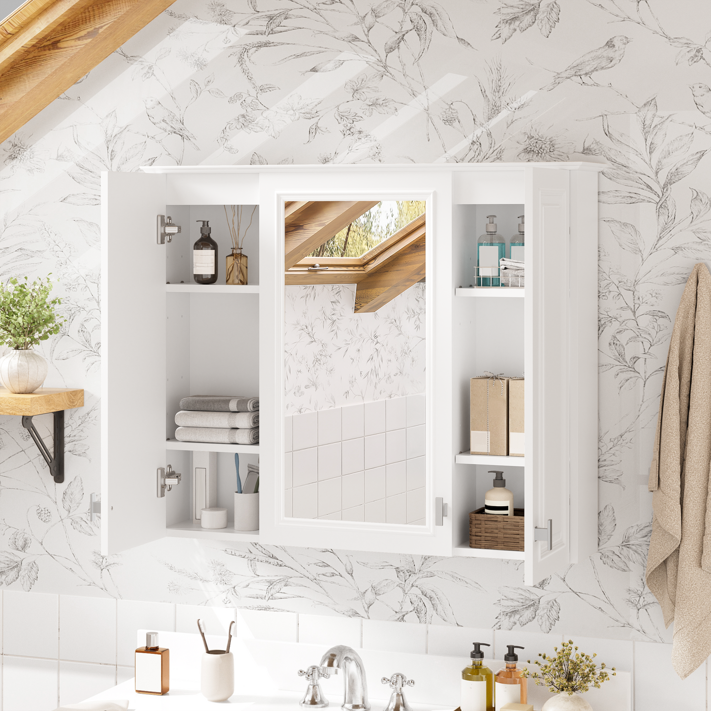 35 inch 2-in-1 Bathroom Wall Cabinet, Wall Mounted Medicine Cabinet with 5 Adjustable Shelves, Mirrored Door Over Toilet Storage Cabinet, White image 4