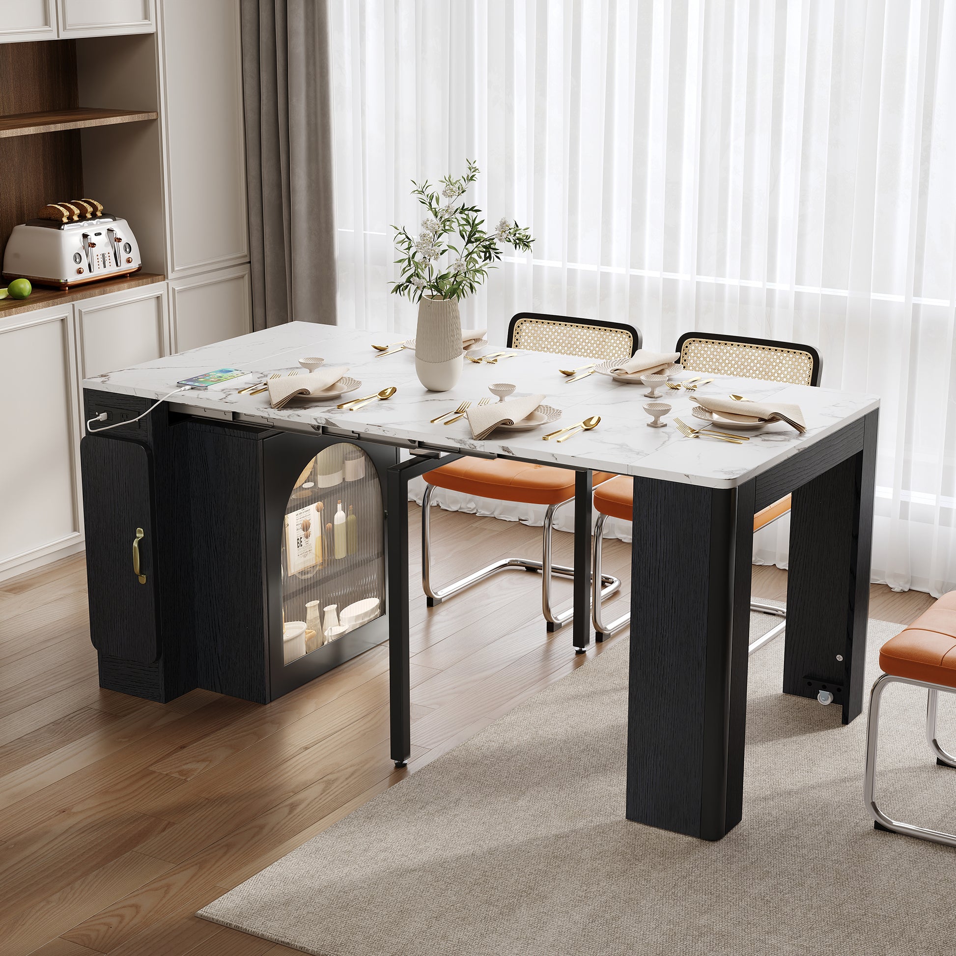 TREXM Extendable Dining Table with 3 Removable Middle Leaves, Mobile Rolling Island Table with Power Outlet, Saving-space Cabinet with Storage for Dining Room and Living Room (BLACK AND MARBLE WHITE) image 1