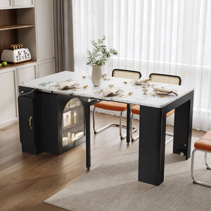 TREXM Extendable Dining Table with 3 Removable Middle Leaves, Mobile Rolling Island Table with Power Outlet, Saving-space Cabinet with Storage for Dining Room and Living Room (BLACK AND MARBLE WHITE) image 1