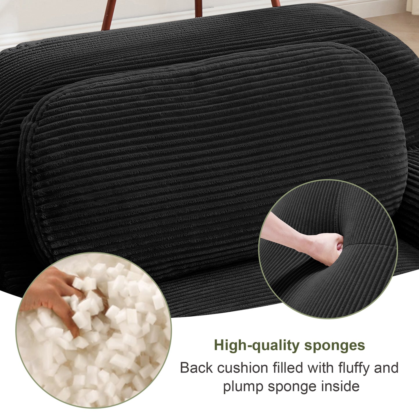 L-shaped modular sofa no assembly ergonomic design pet-friendly luxuryCorduroy Fabric fabric extra-wide curved armrests 32D high-resilience sponge for living rooms bedroom,Black image 10
